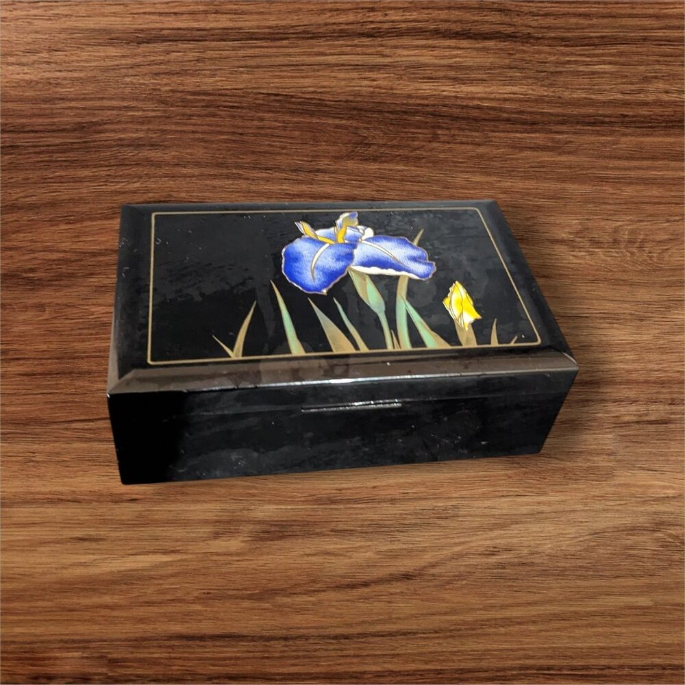 Vintage black Lacquer  Style Trinket box Blue Iris Floral Mirror  Jewelry 5 x 3"